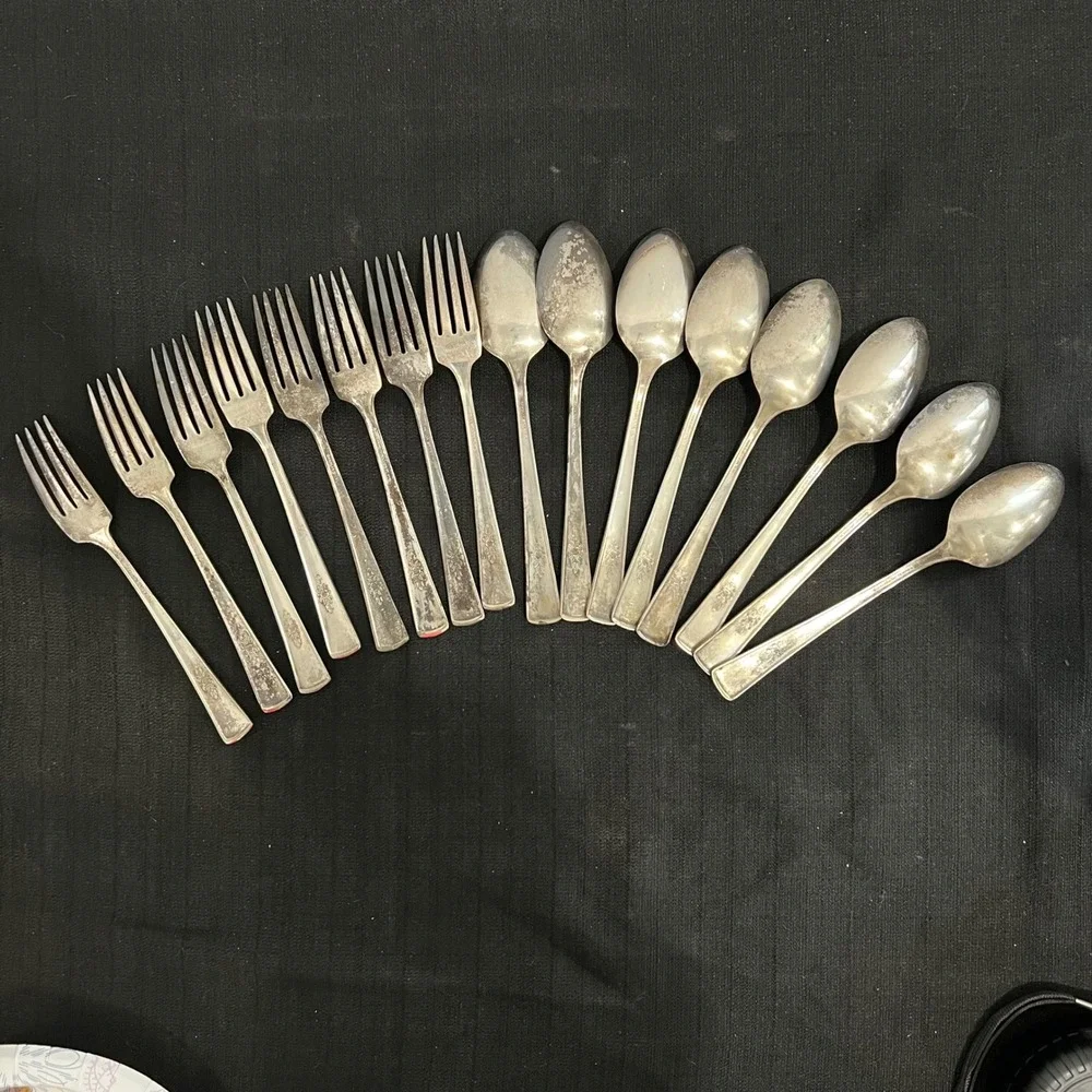 Vintage Camelia Silver Plate 16 Piece Flatware Set 8 Dinner Forks 8 Teaspoons